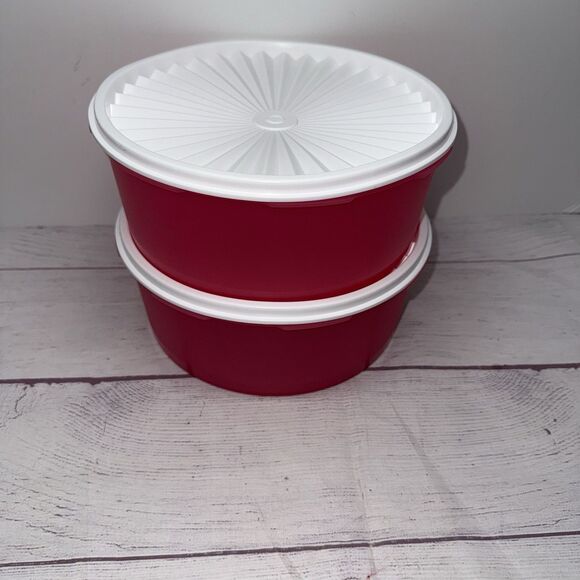 2 New NOS Tupperware Servalier Stacking Cookie Canisters Seal 7.5 Cup Pink 1204 - Picture 3 of 4